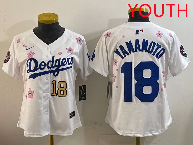 Youth Los Angeles Dodgers 18 Yamamoto White Sakura Edition 2025 Nike MLB Jersey style 8